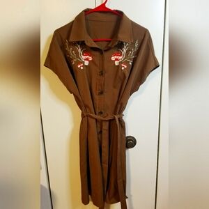 New ROMWE Mushroom Embroidered Brown Dress with Belt SIZE Large